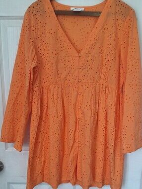 Masseys Orange Eyelet Babydoll Tunic Top Large 100% Cotton Boho Peplum